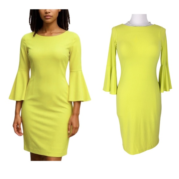 Calvin Klein Yellow Sheath Peplum Bell 3/4 Sleeve Midi Dress size 2 - Picture 1 of 11